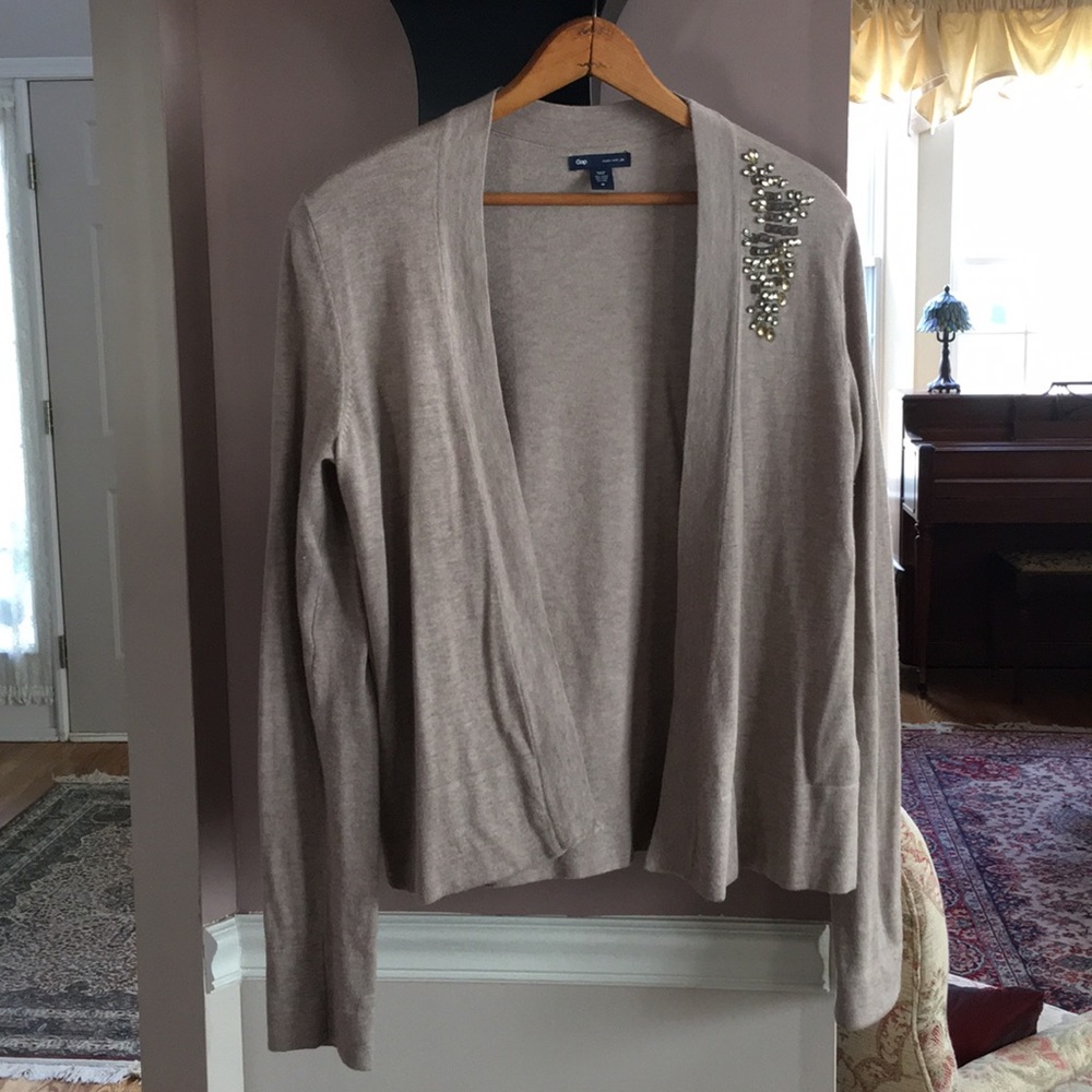 Women’s festive tan bedazzled cardigan sweater